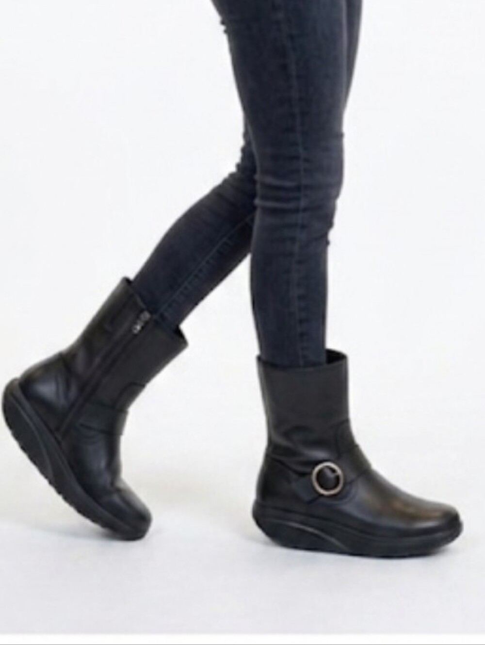 MBT Black Leather Mid-Calf Rocker Bottom  Boots with  Side Buckle Size 7.5